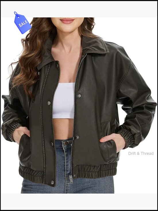 Jackets & Blazers - Oversized Faux Leather Moto Jacket with Corduroy Collar
